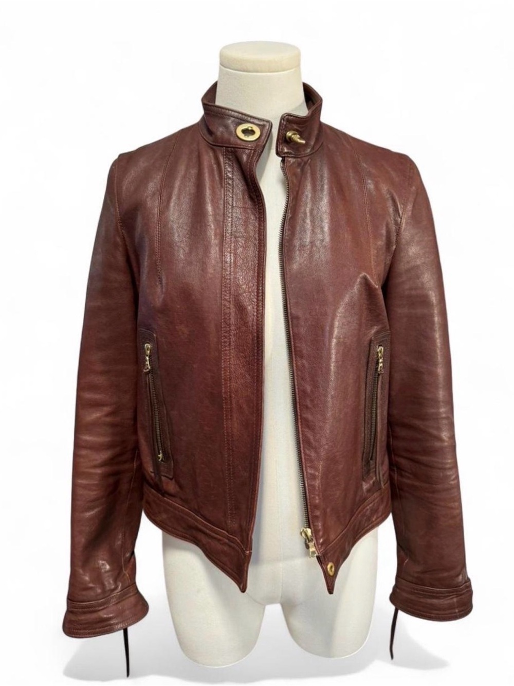 Rare Vtg Coach Women's Chestnut Brown Leather Moto Jacket legacy turnlock collar